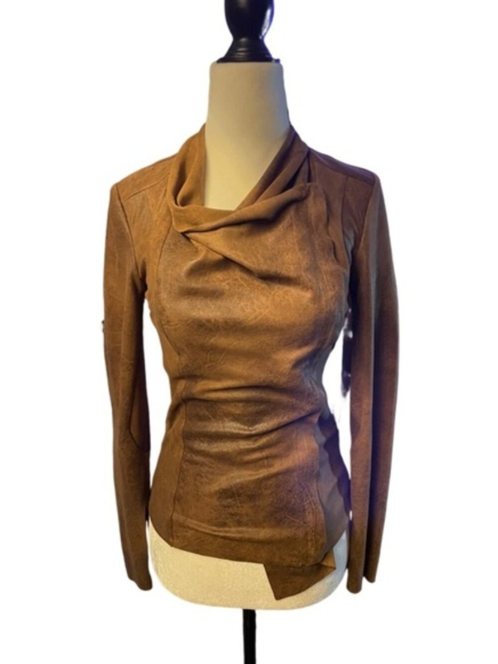 Zara Leather Look Faux Suede Cowl Neck Glossed Moto Jacket (M)